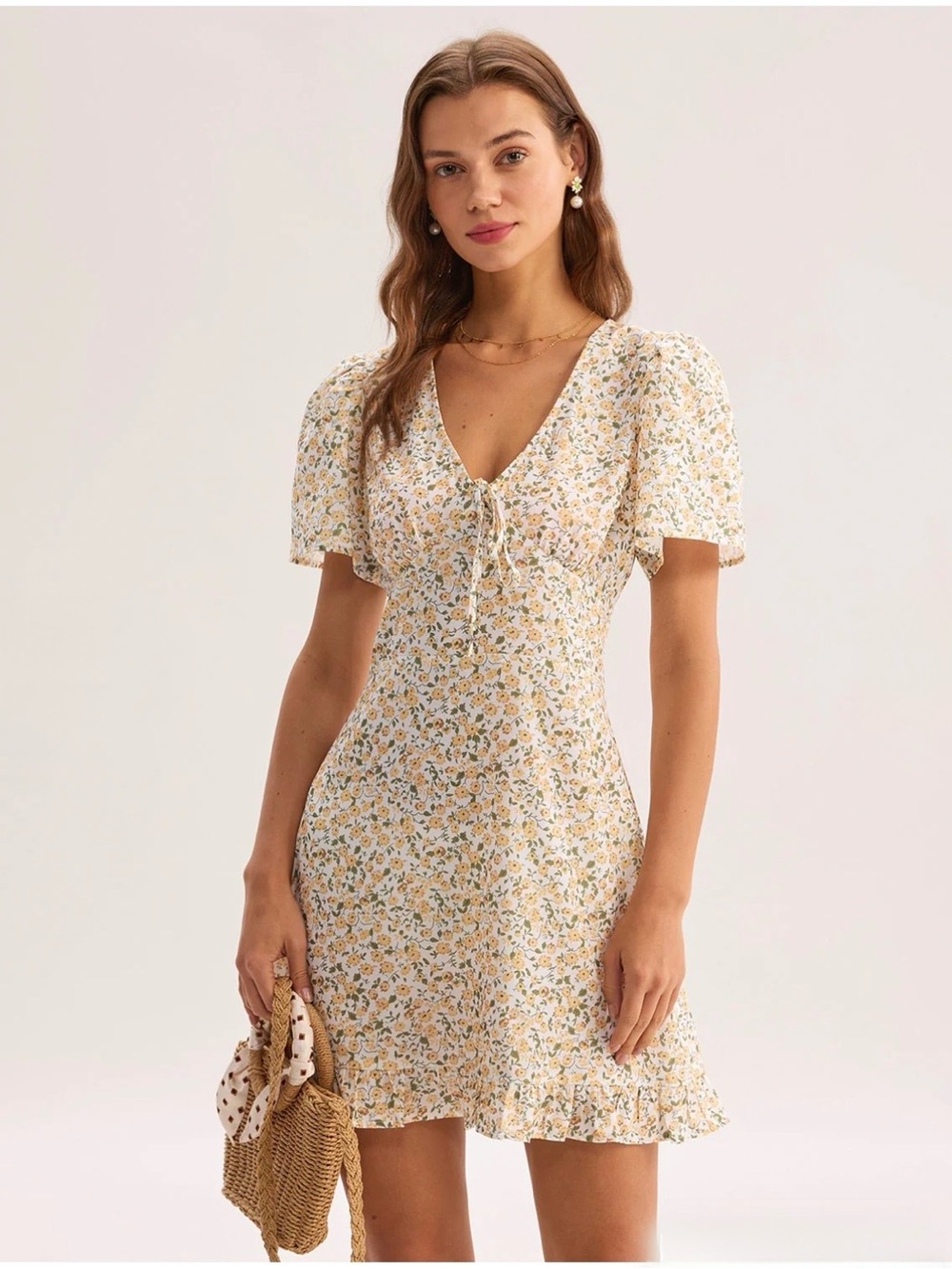 RIHOAS Yellow Floral V-Neck Mini Dress